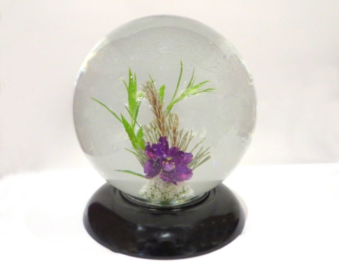 Underwater design in a globe with one purple violet blossom and foliage