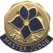 Master Judge Lapel Pin with deep purple enameled violet blossom and the words "AVSA Master Judge" below