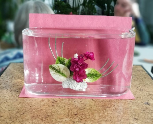 Underwater African violet arrangement using deep pink flowers and variegated leaves in front of a pink backdrop